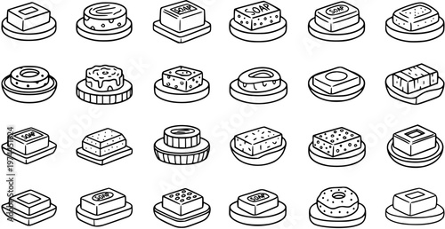 Black and White Line Art Icons of Various Soaps on Dishes, Hygiene Concept
