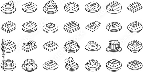 Black and White Line Art Icons of Various Soap Bars and Dishes, Bathroom Hygiene