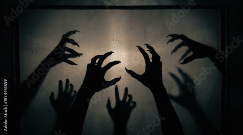 Halloween shadow overlay effect with terrifying claw-like hands silhouetted against a dark background, zombie fingers rising from the grave with elongated sharp nail shadows, creepy monster arm and