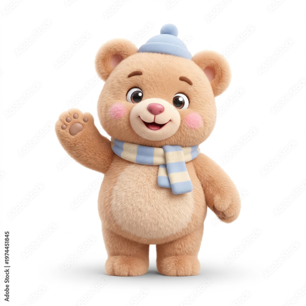 Fototapeta premium Charming 3d anthropomorphic bear mascot character wearing blue winter hat and scarf waving hand isolated on white background with soft plush fur rounded shapes for holiday greeting card