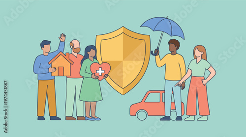 Diverse people illustrate comprehensive insurance protection for home, health, and auto with a strong security shield. Financial safety