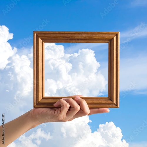 A person's hand holds a wooden picture frame against a vibrant blue sky filled with fluffy white clouds