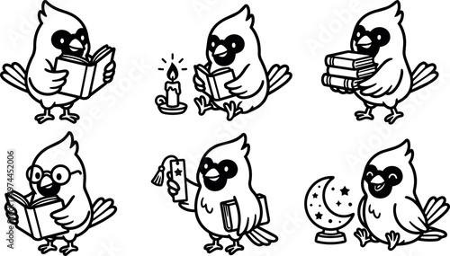 Black and white cardinal bird reading books holding candle and moon vector art set