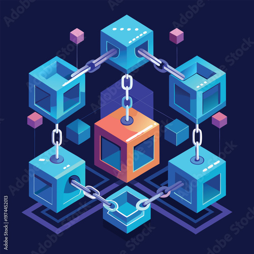 Interconnected isometric cubes represent blockchain technology and data networks