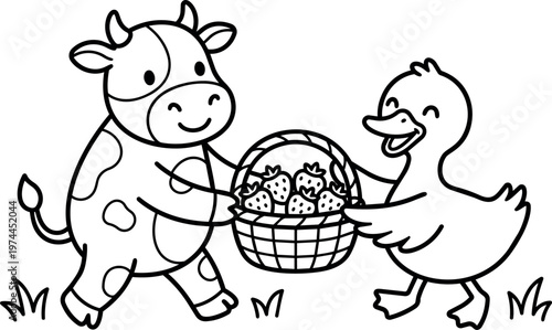 Cow and duck carrying basket of strawberries line art vector
