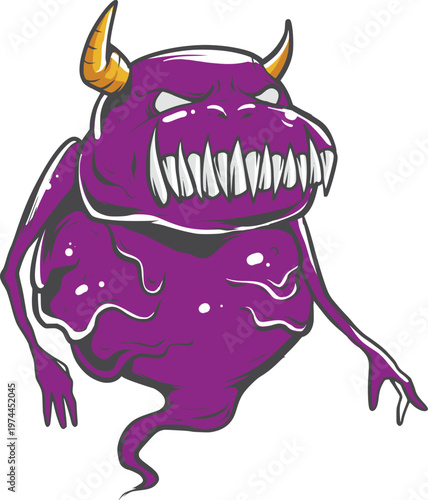 Isolated green cartoon zombie monster vector illustration of a funny scary creature with an ugly demon face and happy alien features for a fun Halloween virus character art