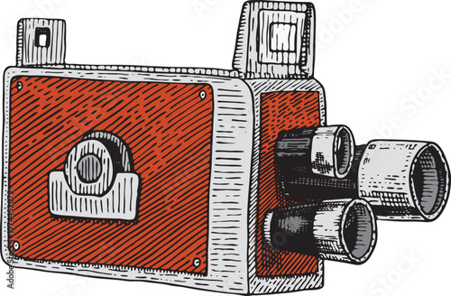 Vintage camera and case equipment illustration featuring an antique black suitcase travel icon and vector design symbol of technology