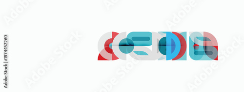 Abstract graphic design features overlapping shapes, colors include blue, red, light gray. Minimalist composition on white background.