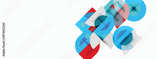 Abstract geometric shapes overlap, creating dynamic visual composition. Red, blue, white colors dominate design. Minimalist aesthetic.