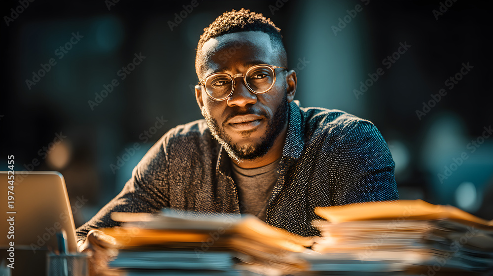 Obraz premium Man working late at night on tax return with laptop and stacks of IRS forms on desk.