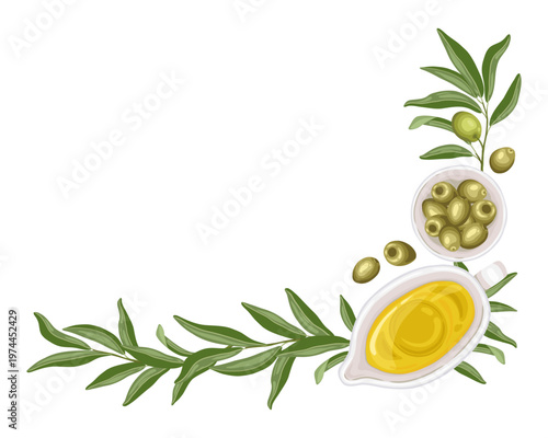 Olive oil and fruit top view vector food illustration. Hand drawn corner composition with branch and gravy boat. Italian organic ingredient for restaurant menu design. Perfect for culinary packaging.