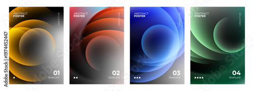 Set of futuristic abstract posters. Vibrant colored circles. Blurred spheres. Color gradient round shapes for creative graphic design. Vector illustration.