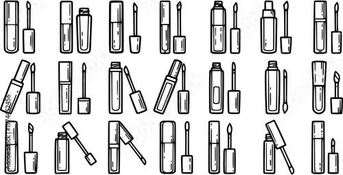 Hand Drawn Black and White Line Art Doodle Collection of Beauty Cosmetics: Lip Gloss, Mascara, and Liquid Lipstick Bottles with Applicators