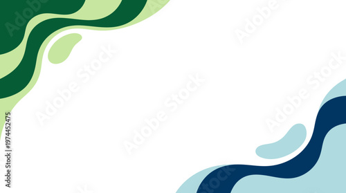 Abstract flowing curves and waves in green and blue on white, decorative background with gradient motion.