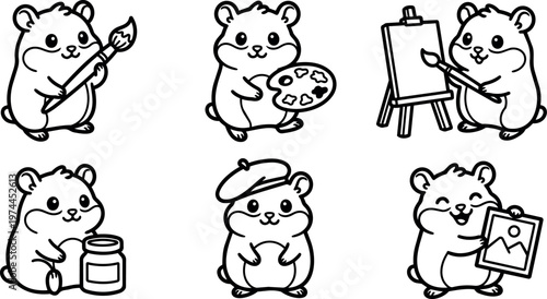 Cute black and white hamster holding paintbrush palette and easel in line art vector