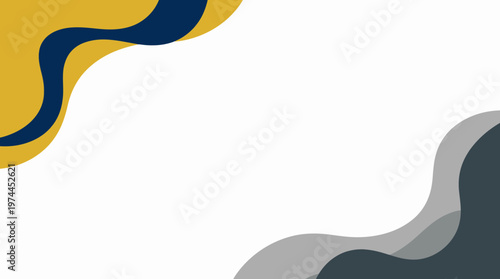 Abstract wavy ribbons in navy, mustard and gray on white with layered curves and fluid motion design.