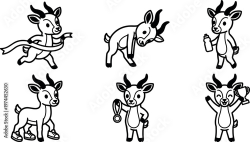 Cartoon gazelle celebrating sports achievements with water bottle and trophy