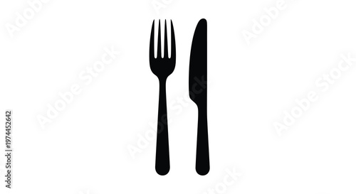 Simple black silhouette of a fork and knife on a white background