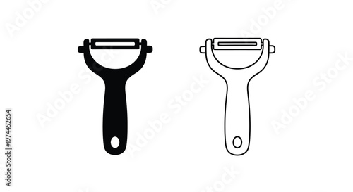 Black and white illustration of a kitchen vegetable peeler tool