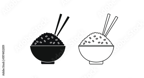 Two simple line art depictions of rice bowls with chopsticks