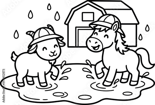 Cute goat and horse splashing in puddle with rain and barn black and white line art