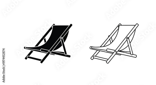 Two black and white illustrations of folding beach chairs in different orientations