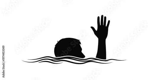 Silhouette of a drowning person with a raised hand seeking rescue