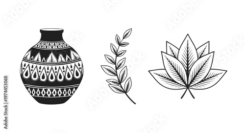 Vector illustration of set of decorative elements with ethnic vase, branch with leaves and lotus on a transparent background