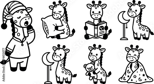 Black and white line art cute giraffe sleeping reading hugging teddy bear with moon