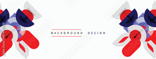 Abstract shapes, red, blue, white. Minimalist design with text background design. Clean aesthetic, modern feel. Simple composition.