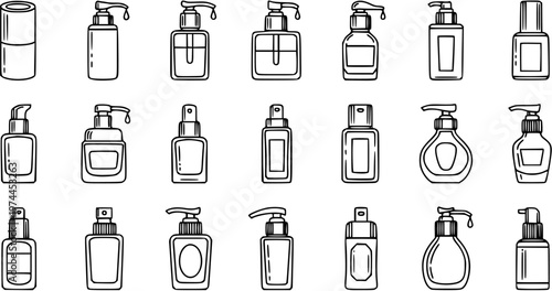 Black and White Line Art Icons of Various Cosmetic Bottles, Skincare Containers, and Dispensers