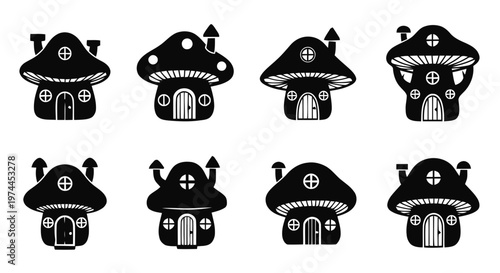 Vector illustration of set of mushroom house icons, fairy tale forest dwellings, vector illustration on a transparent background