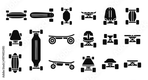 Vector illustration of set of skateboard and longboard icons, top, side and front view on a transparent background