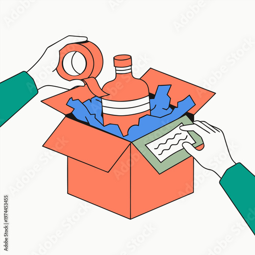 Illustration of a person packing a bottle into a cardboard box with blue padding and red tape