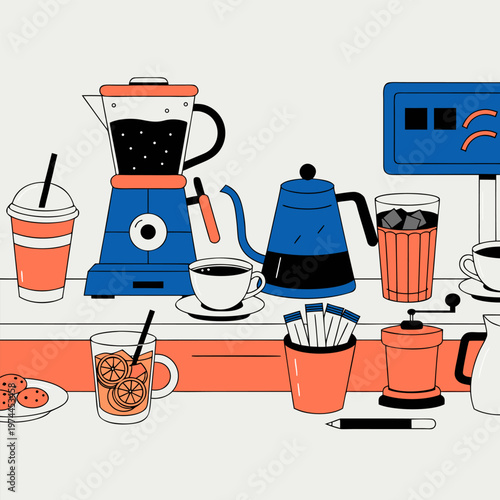Trendy flat coffee equipment collection for home brewing and cafe. Espresso machine, pour over set, filter drip coffee and french press illustrations. Textured icon set for stickers and design .