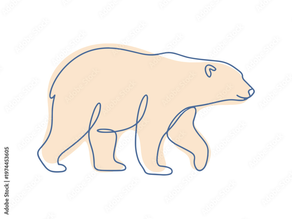 Fototapeta premium Professional continuous line drawing of a walking polar bear with an abstract beige background, perfect for modern minimalist decor and graphic design projects.