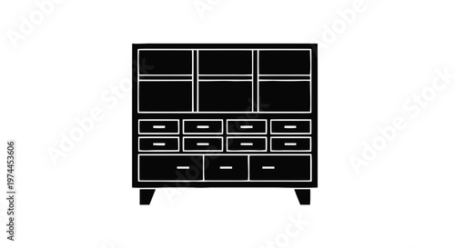 Vector illustration of black silhouette of a wooden cabinet with shelves and drawers on a transparent background