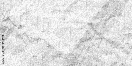 Noisy backdrop of crumpled grid paper, grit texture, dotted halftone noise, rough paper creases and grime, retro distressed look.