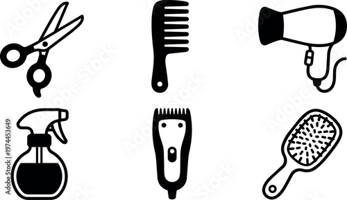 Black and white hair salon tools scissors comb spray bottle clipper hair dryer and brush icons