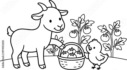 Cute goat and chick holding basket of tomatoes in garden line art