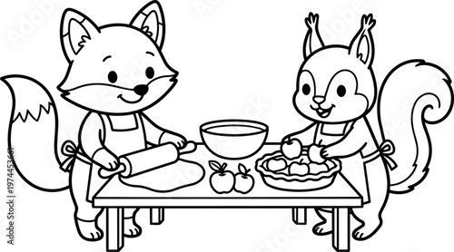 Cute fox and squirrel baking apple pie with rolling pin and bowl line art