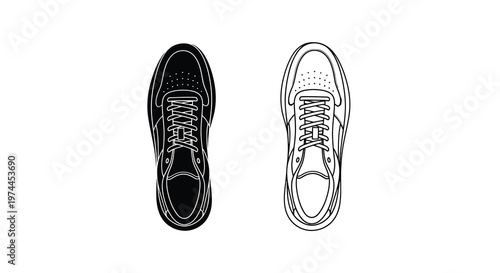 A pair of sneakers shown from a top down perspective in black and white