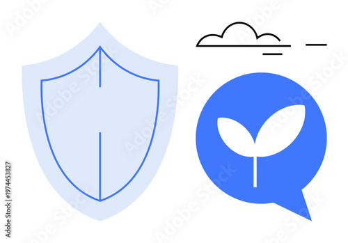 Environmental awareness, sustainability, eco-friendly practices, safety, climate change, ecological solutions. A shield, leaf in a bubble and clouds. Sustainability and safety concept