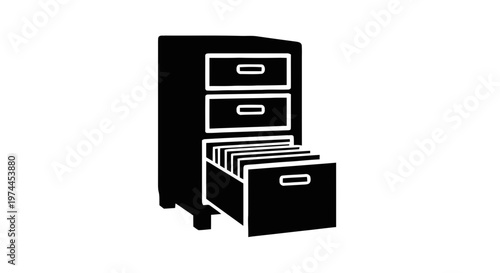 Vector illustration of filing cabinet icon with open drawer containing hanging file folders on a transparent background