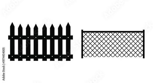 Black and white illustration of a picket fence and chain link fence