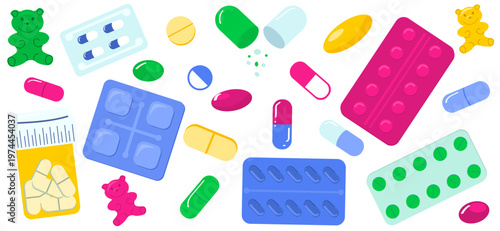 Playful clip art set of colorful pill blister packs, medicine bottle, gummy vitamin bears and various scattered capsules and tablets. Vibrant healthcare graphic for pharmaceutical and wellness design.