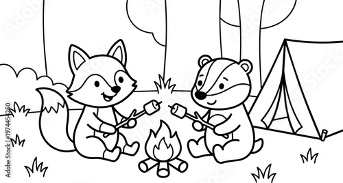 Black and white line art fox and badger roasting marshmallows by campfire