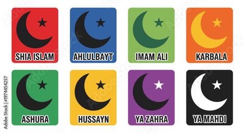 Collection of distinct islamic crescent moon and star emblems in vibrant contrasting colors, representing shia islam, ahlulbayt, imam ali, karbala, ashura, hussain, ya zahra, and