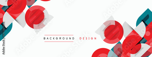 Abstract geometric shapes, red, teal, white. Modern design elements create dynamic visual texture. Minimalist style.