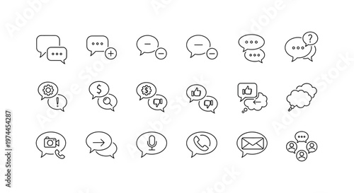 Chat bubbles and messaging line icon set with comments, conversation, reply, communication and support symbols isolated on white background.